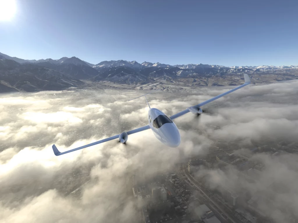 Elektrisch angetriebenes Flugzeug 2Mot über Wolken